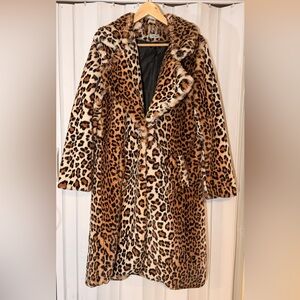 Studio Leopard Print Faux Fur Coat in Brown and Cream